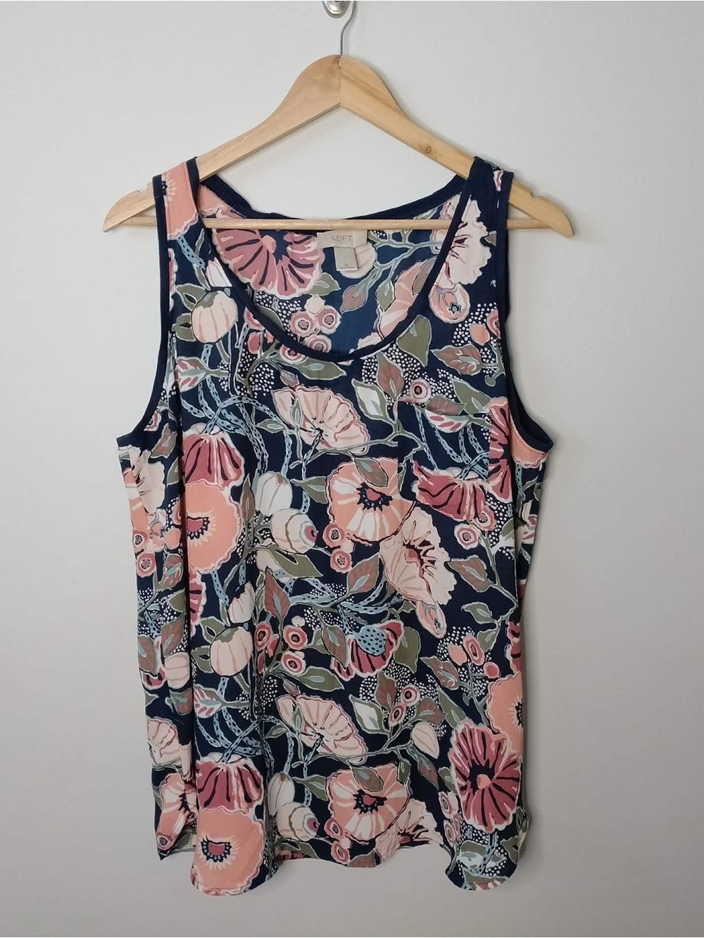 LOFT Navy Floral Scoop Tank with Pink Accents